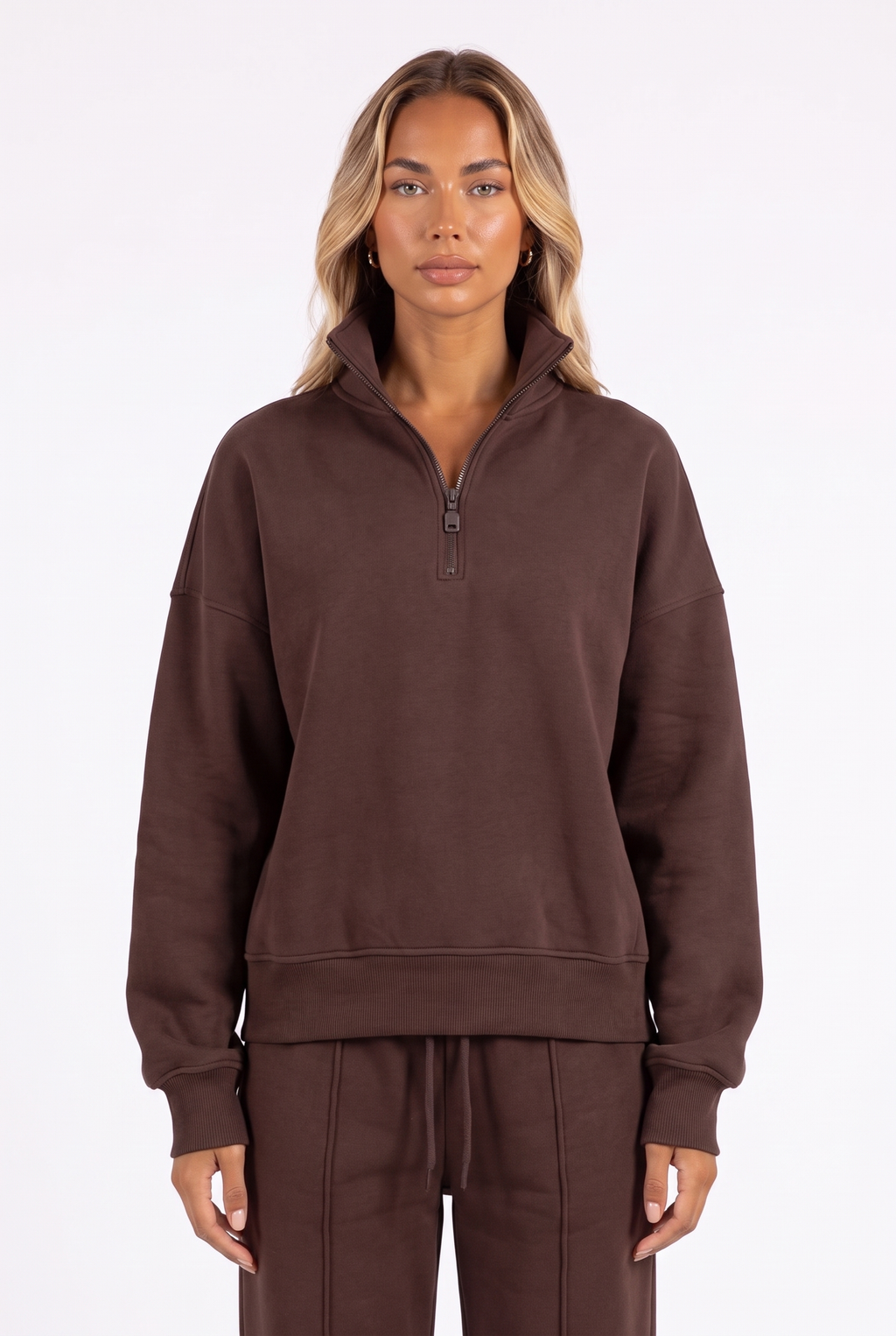 Coffee brown quarter-zip sweatshirt and wide-leg sweatpant set — funnel collar and quarter-zip detail