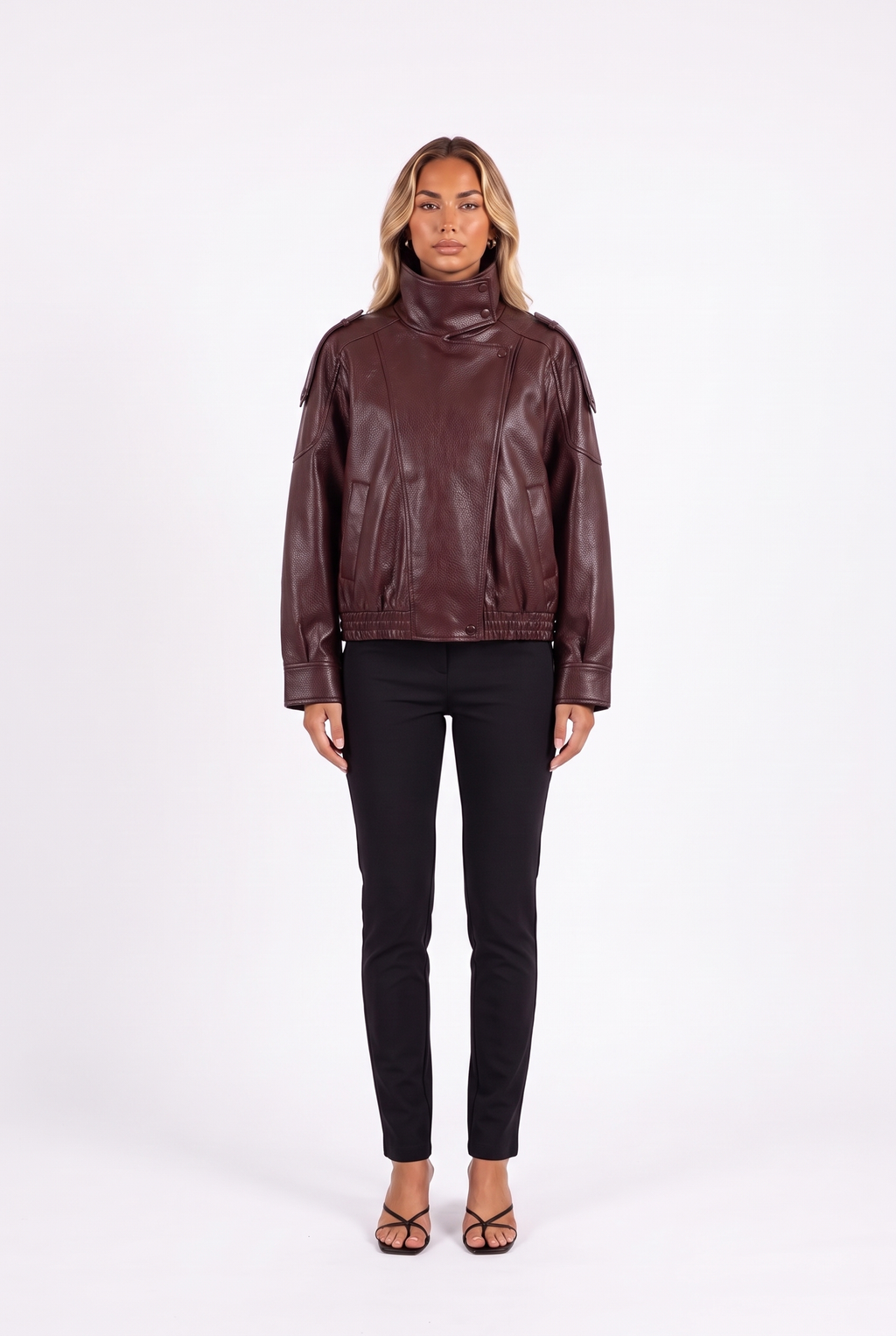 Cropped faux leather bomber with funnel collar in Burgundy — front