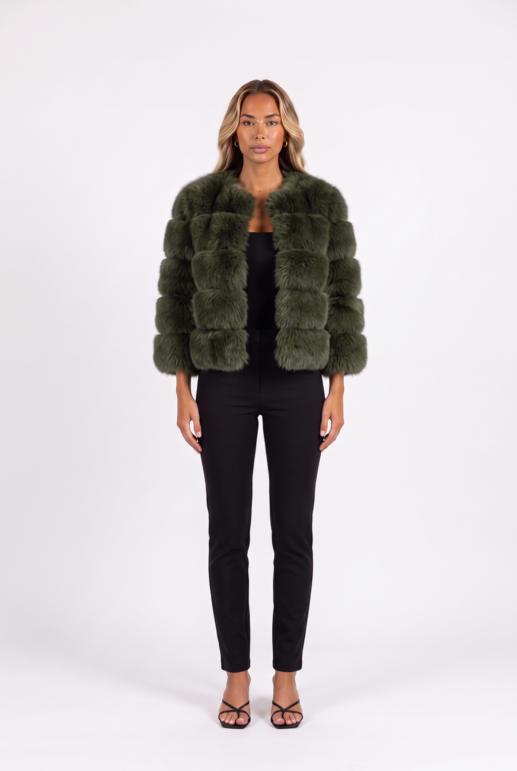Army green cropped faux fur jacket with three-quarter sleeves — front